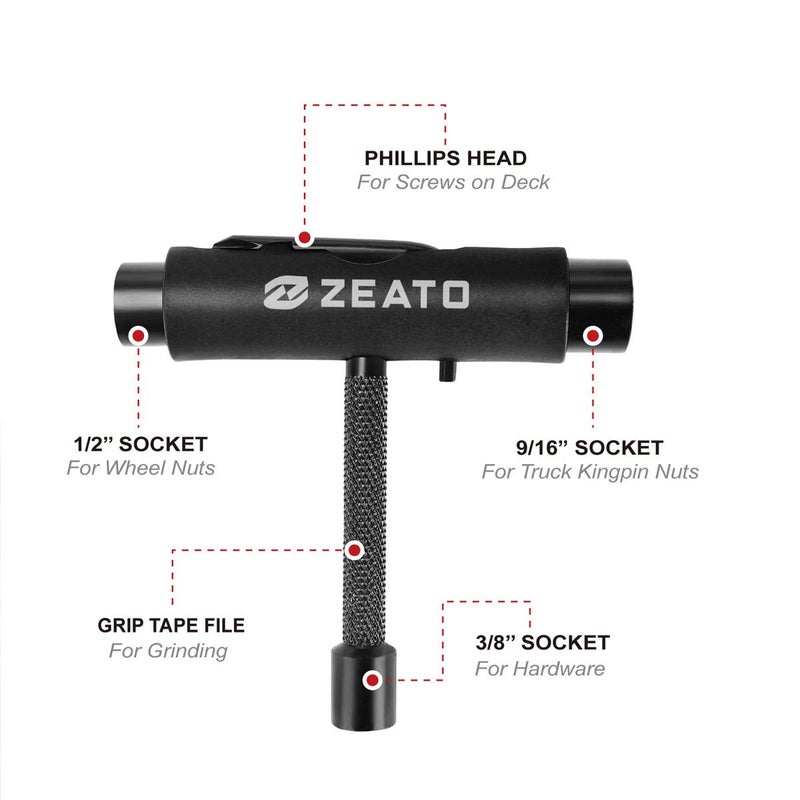Zeato [Upgrade Version] All-In-One Skate Tools Multi-function Portable Skateboard T Tool Accessory with T-type Allen Key and L-type Phillips Head Wrench Screwdriver - Black - Image 2